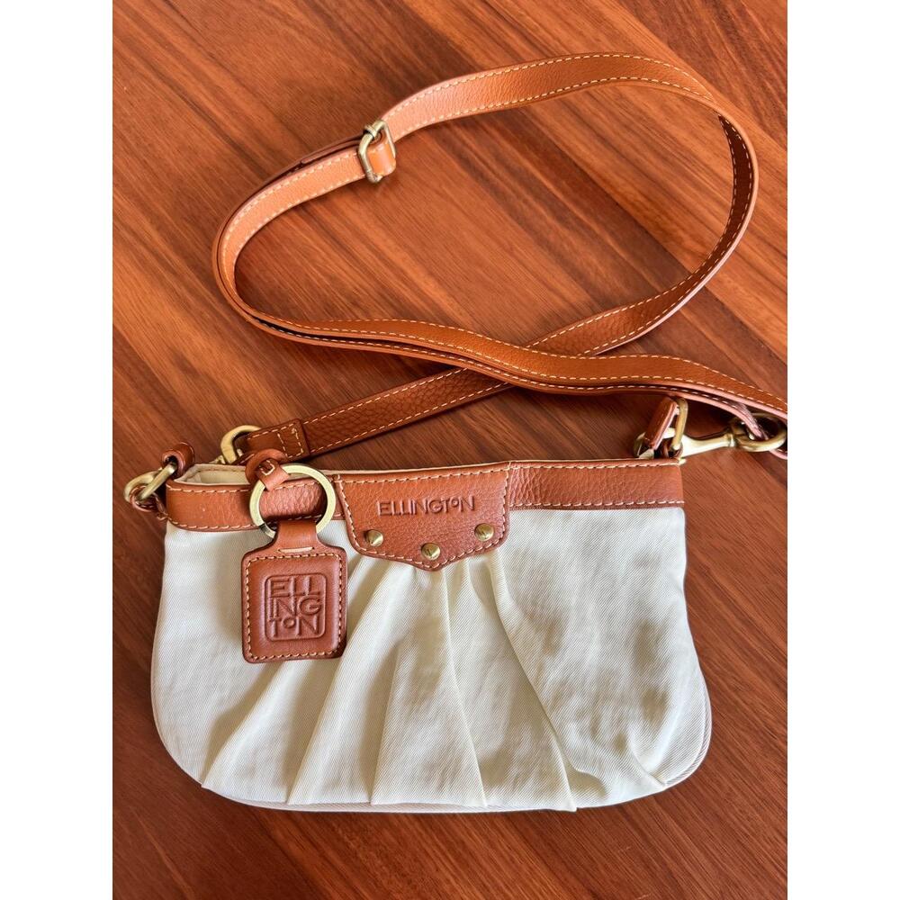Ellington Crossbody Bag Cream Tan Fabric Pleated Gold Hardware Casual